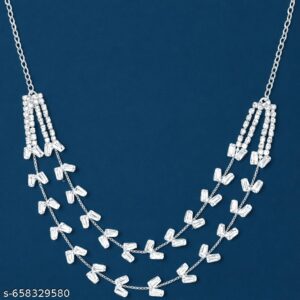 Silver Finish Necklace Set | Party & Wedding Wear | Necklace Set with Matching Drop Earrings-2